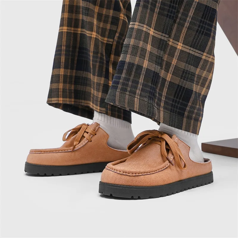2025 オリジナルローファー男性フラット夏快適なハーフシューズ男レトロブラウンノンスリップメンズカジュアルシューズ zapatos パラやつ