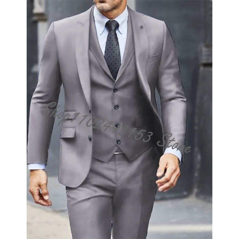 

Handsome Grey Men Suits Peak Lapel Business Blazer Male Tuxedo Party Prom Slim Fit 2 Piece Set Terno Masculino Jacket Vest Pants