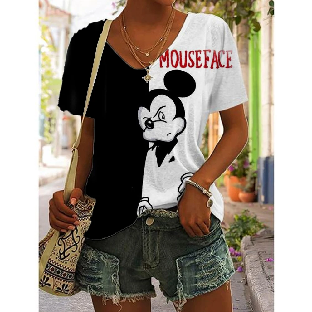 2024 Top damski Disney Mickey nadruk z myszą damska koszulka T-shirt Plus Size lato koszulka z dekoltem w serek moda damska