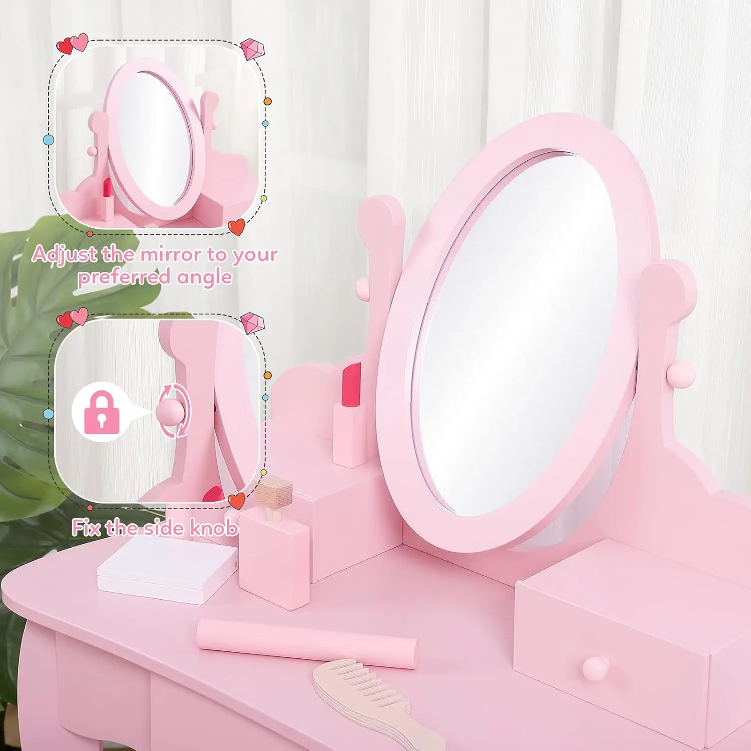 

Kids' Vanity Set With Mirror, Makeup Table And Stool For Girls, Vanity Desk And Chair With Wood Makeup Playset For 4-9 Girls,