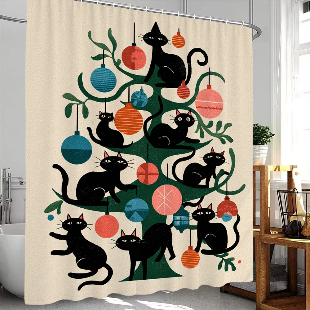 

Занавеска для душа с Рождеством, занавеска для ванной комнаты, рождественская занавеска для душа с котом и собакой, домашний декор, рождественская занавеска с крючками