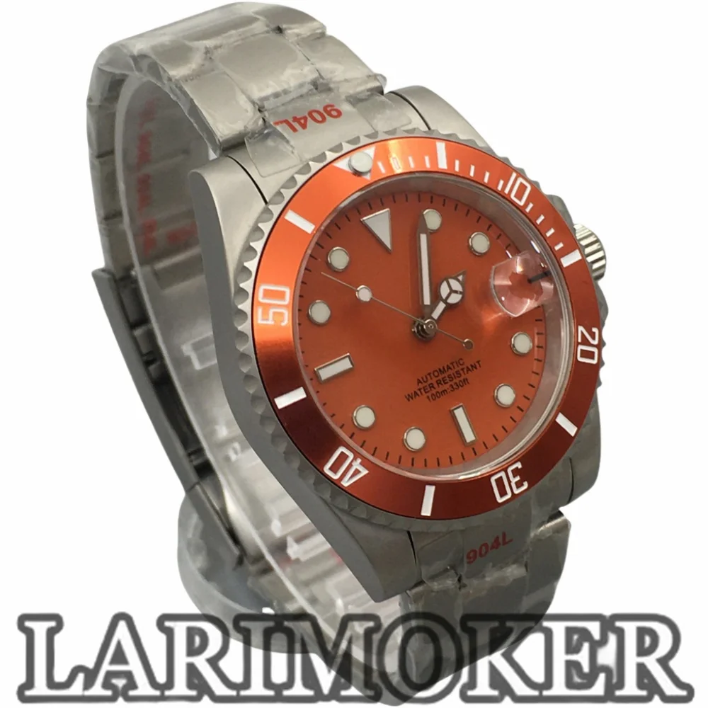 Larimoker 40.5Mm Duiken Automatische Mechanische Nh35 Pt5000 Move Heren Horloges Oranje Wijzerplaat Keramische Bezel Saffier Waterdicht Horloge