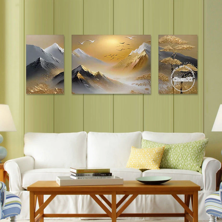 Luxury Living Room Decor Mountain Landscape Sunrise Scenery Oil Painting 3PCS Group Large Paintings Canvas Wall Art Set