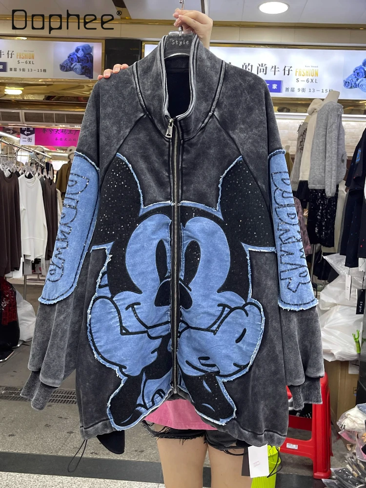 

2025 Winter New Loose Mid-Length Cartoon Fleece Stand Collar Vintage Sweatshirt Jacket Denim Patchwork Sequin Zip Up Coat