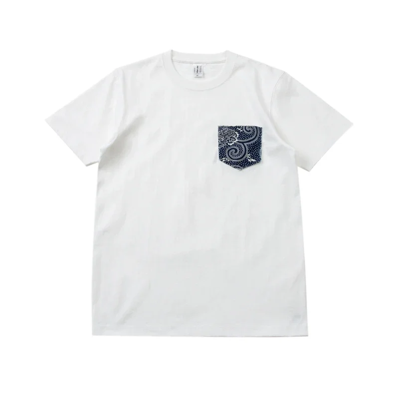 New Blue Dyed Ethnic Style Pocket Patch Embroidered White Round Neck Short Sleeved T Seamless Heavyweight T-shirt Men's Summer