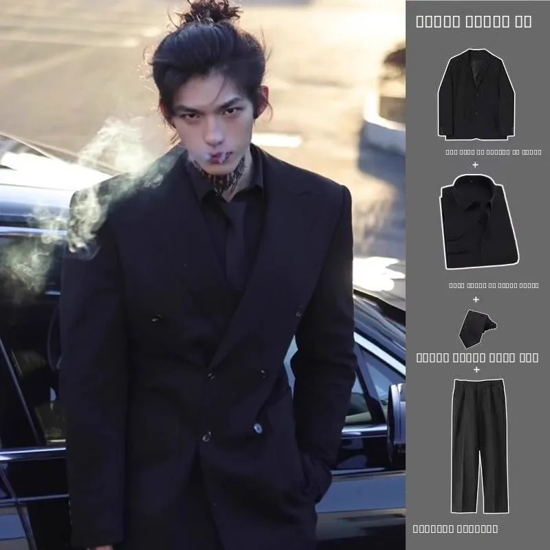 

Мужской костюм-тройка с двубортным пиджаком в британском стиле, повседневный, модный, для молодежи, осенне-весенний, приталенный крой