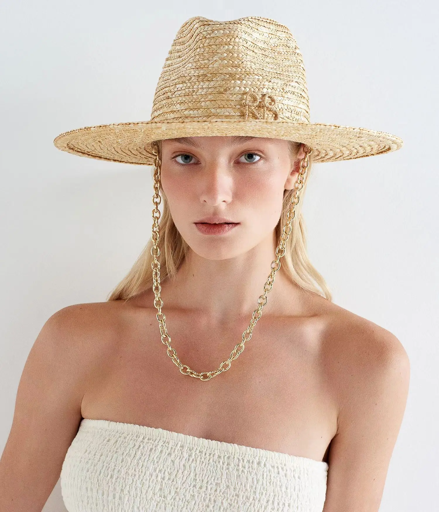 European and American RB Letter Gold Chain Design Straw Raffles Woven Beach Sun Hat, Sun Sun Sun Hat, Female Summer Hat