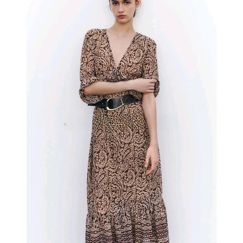 Primavera feminino hepburn sle longo sve v-ne em camadas decoração impressão midi dr commute lanterna de cintura alta sve dr