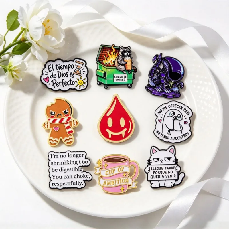 Cute Funny Spanish Quote Enamel Pins with Raccoon Alien Coffee Cat Cartoon for Backpack Hats Clothes Accessories Gifts Women Men