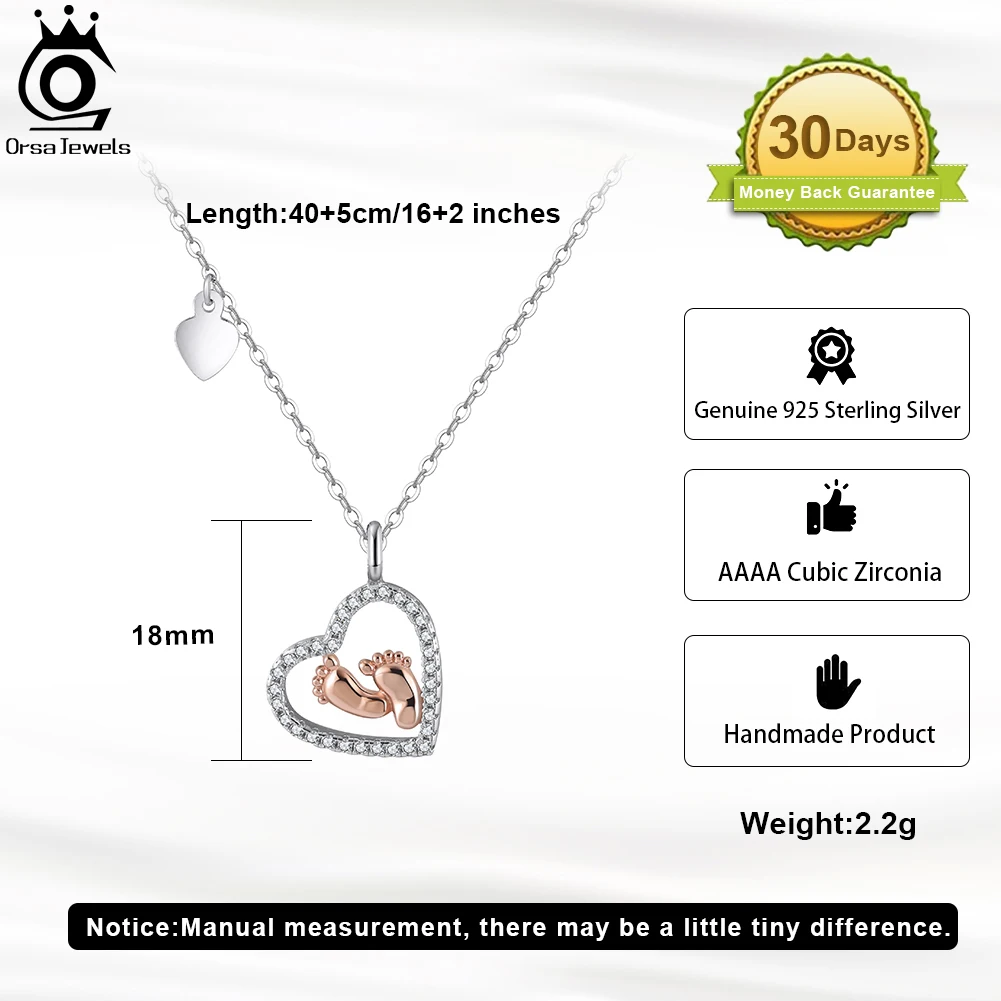 ORSA JEWELS 925 Sterling Silver Love Heart Pendants Necklace Fashion Baby Feet Pendant for Women Mom Birthday Gift Jewelry SN336