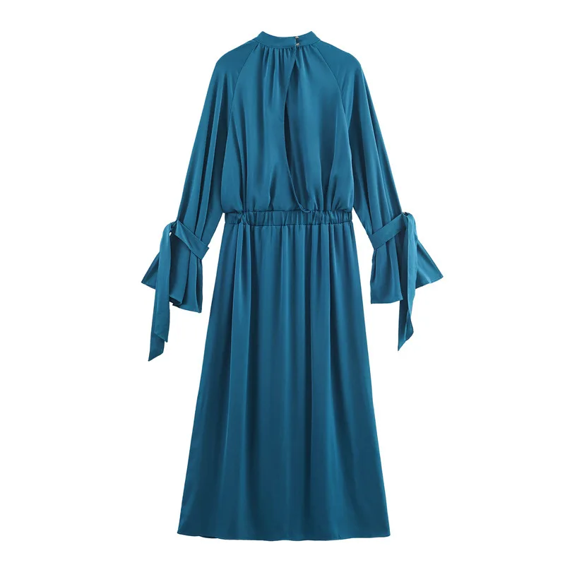 NINE ZAR Women's Long Sve Satin Feel Midi Dr Belted Sve Tie Gown A-Line Skirt Sle Ci Commute Suitable