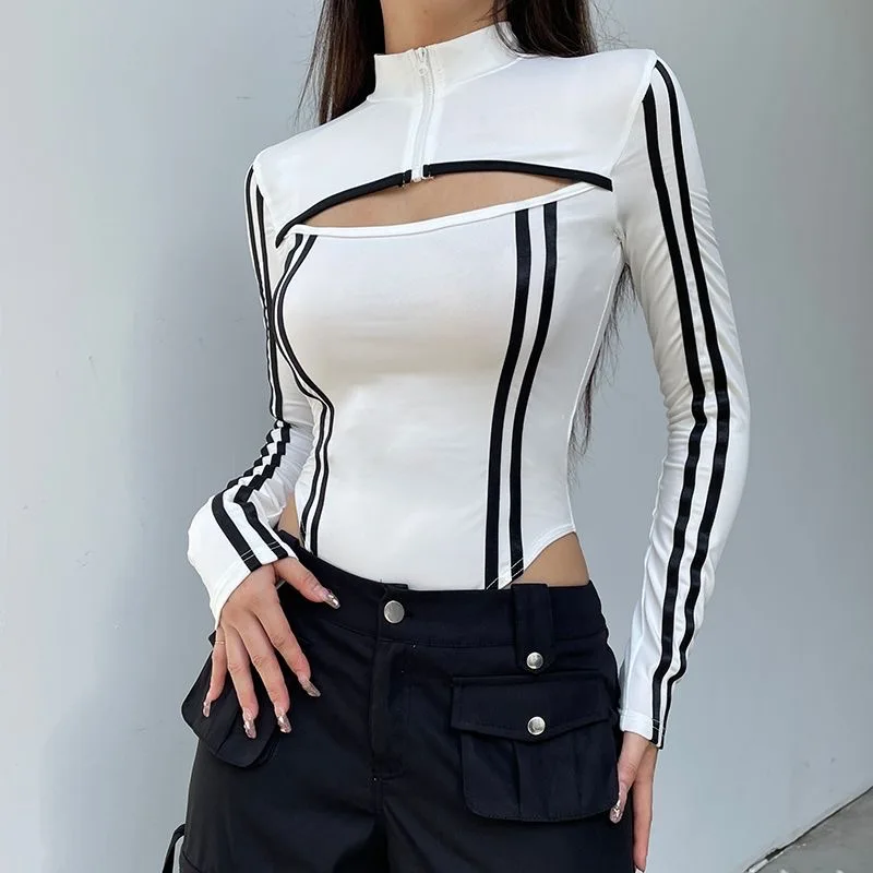 Sexy Cool Girl Slim Bodycon Top 90s Motorcycle Style Y2k Contrast Hollow-up Zipper Jumpsuit Casual Long Sleeve Women's Bodysuits