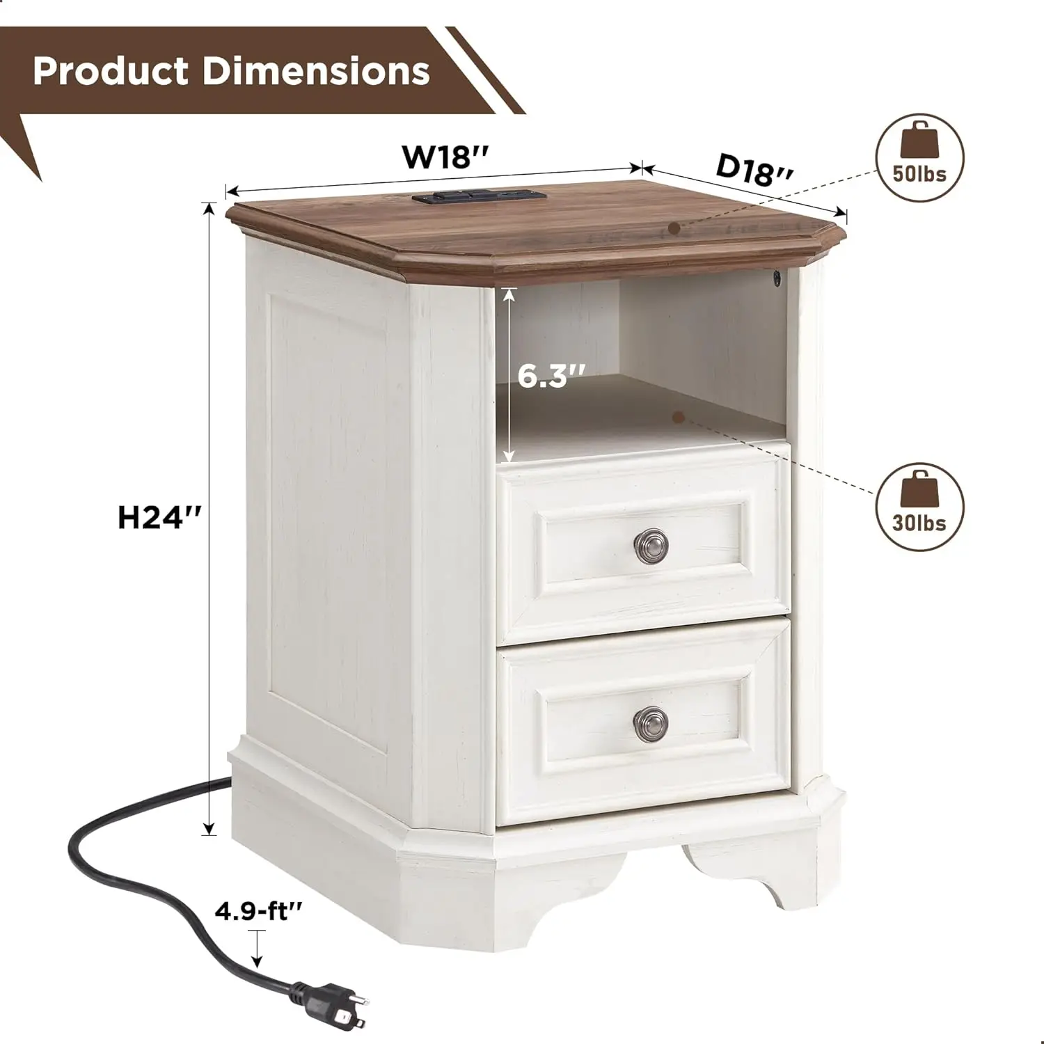 

Farmhouse Nightstand with Charging Station, 18" End Table with 2 Drawers, Wood Side Table, Bedside Cabinet (Antique White)