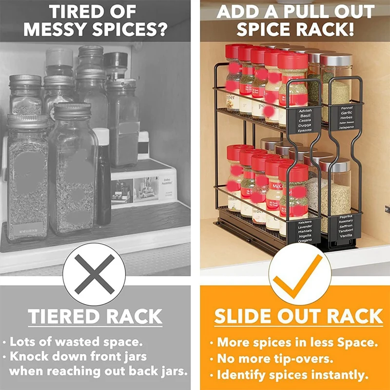 Spice Rack Organizer, 2-Tier Pull Out Seasoning Rack For Kitchen Cabinet, Spice Drawer Organizer Shelf For Small Space Durable