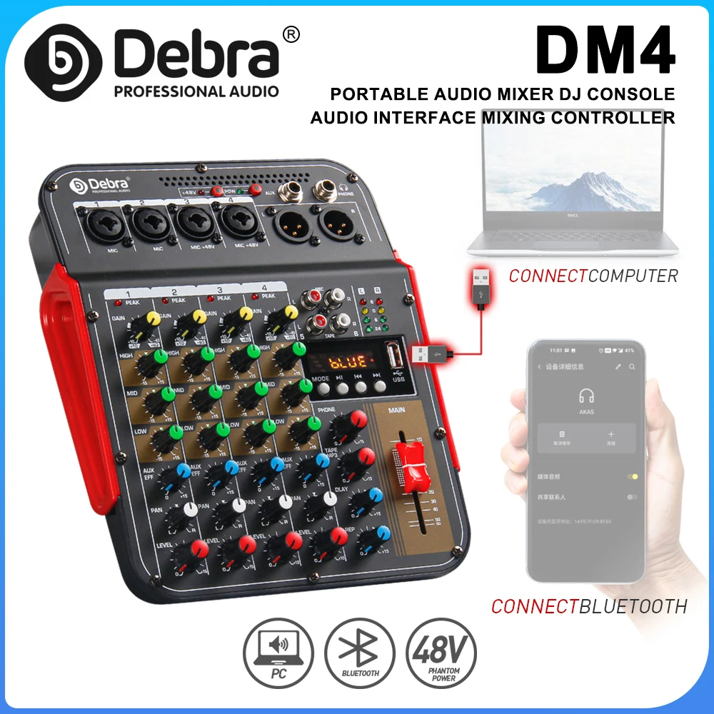6-канальный аудиомикшер DM4, DJ-консоль с фантомным расстоянием 48 В, Bluetooth, запись от USB до ПК и воспроизведение для караоке, вечеринок на открытом воздухе