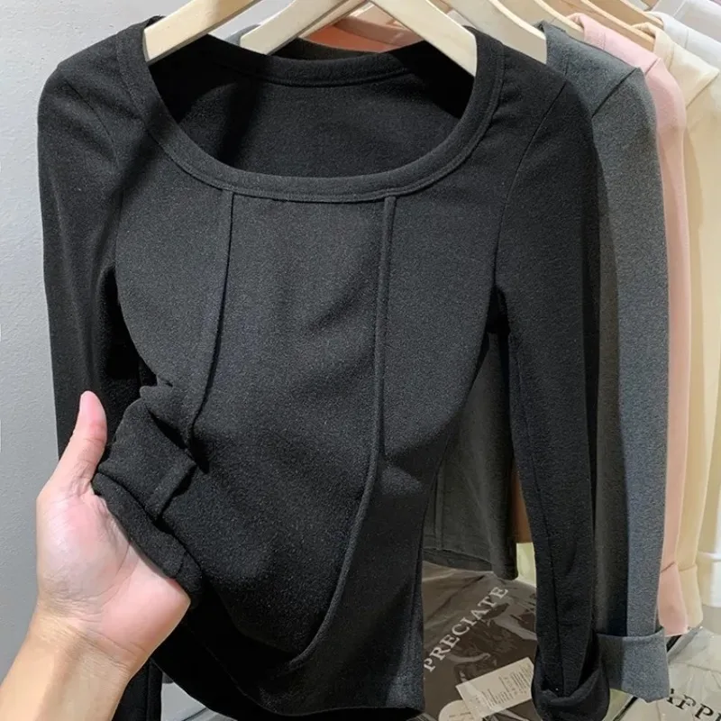 Women's Square Neck Long Sleeve Thermal T-Shirt Thin Velvet Base Shirt Winter Inner Wear Slim Fit Short Top Pullover Top