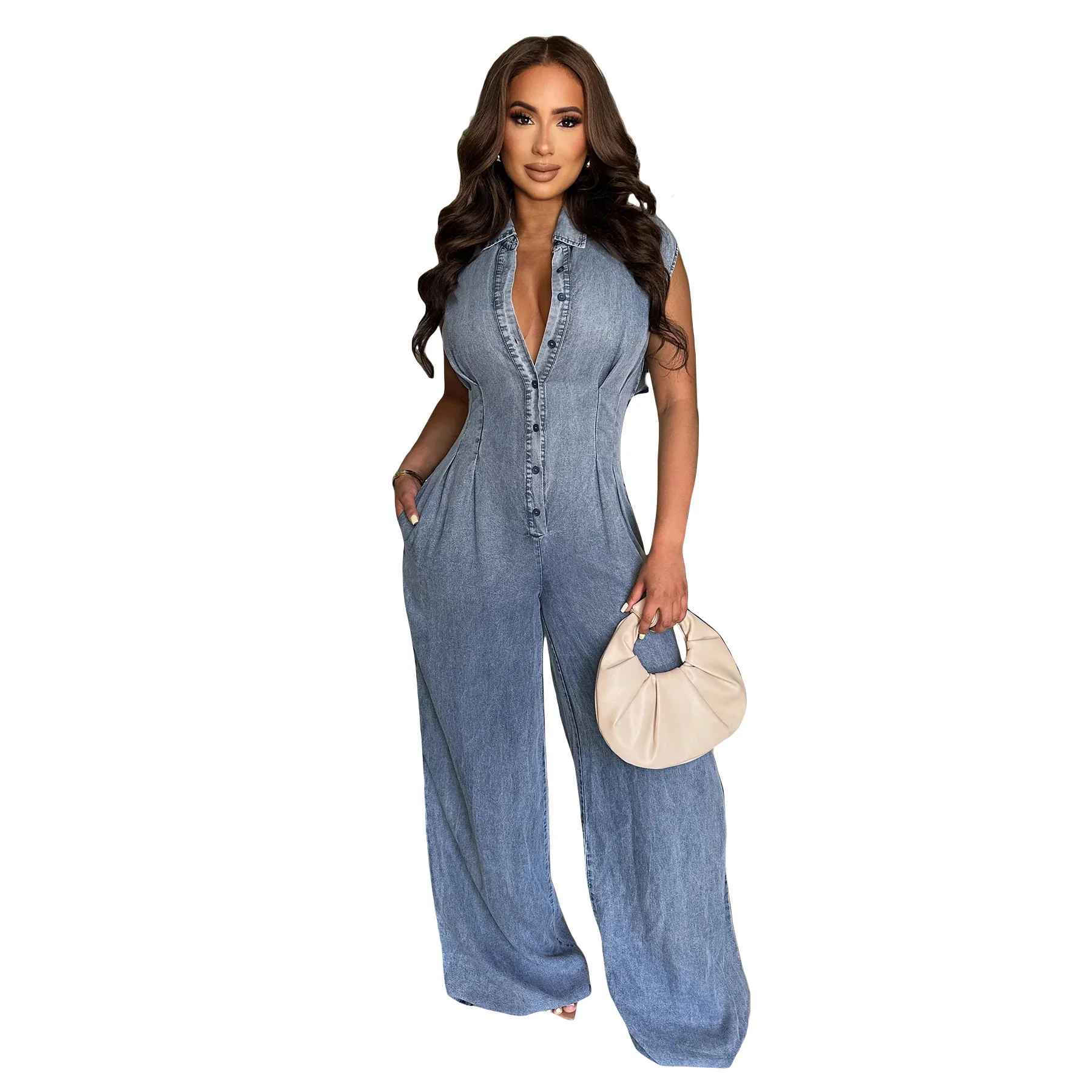 

Loose Fit Denim Rer with Elastic Waist Large Size Cross-Border Long One-Piece Dr Cotton Fabric mid Waist Pants