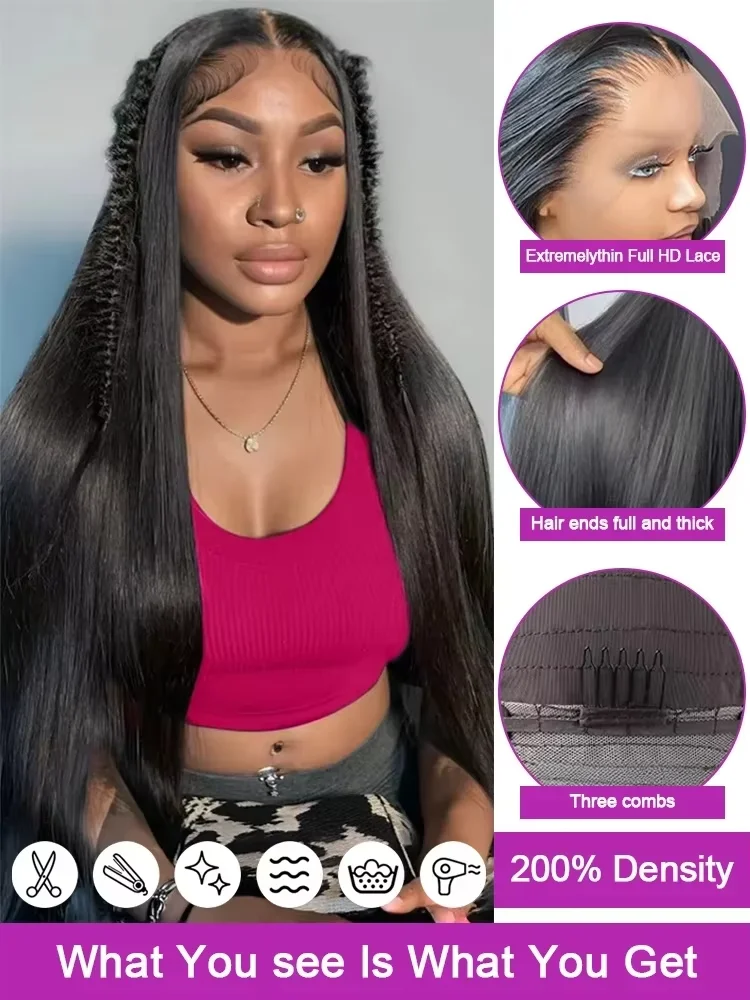 Wig Rambut Asli Brasil 40 Inch 13x4 13x6 HD Transparan Bone Straight Lace Front Wig 220 Density 360 Full Lace Untuk Wanita ﻿