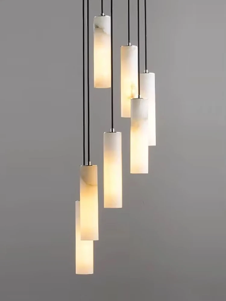 Modern High Ceiling Design Led Luxury Natural White Marble Pendant Lights Home Decor Lustres Staircase Hanging Lamp High-end