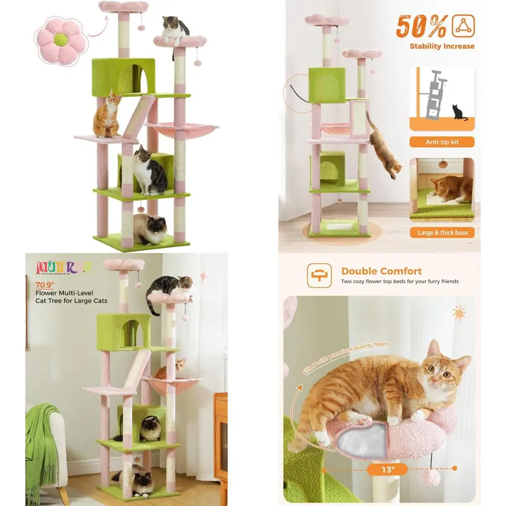

Large Indoor Cat Tree Tower with 70.9 Height, Multi-Level for Large Cats, 6 Scratching Posts Included