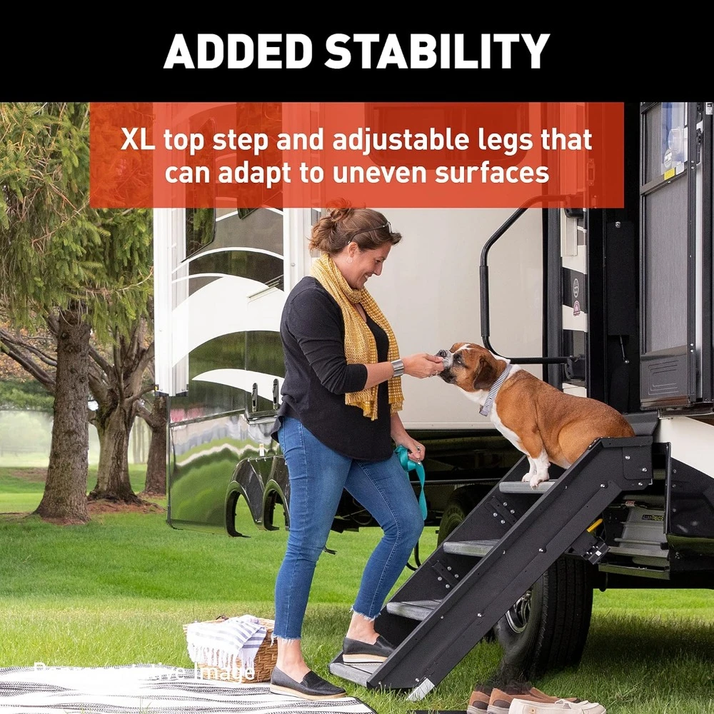 Solid Step 26" Quad Manual RV Step Assembly, 8" Rise, Aluminum and Steel, Anti-Slip Steps, Adjustable Legs, No Bounce, Travel