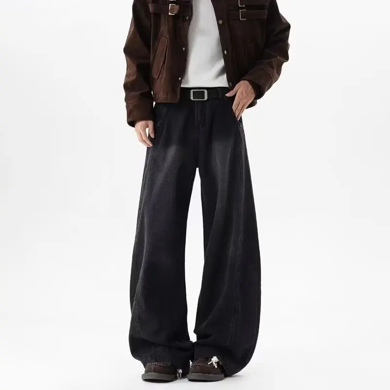 

American Style Vintage Distressed Patchwork Men's Jeans High Street Loose Straight Leg Wide Leg Pants Floor-Length Trousers