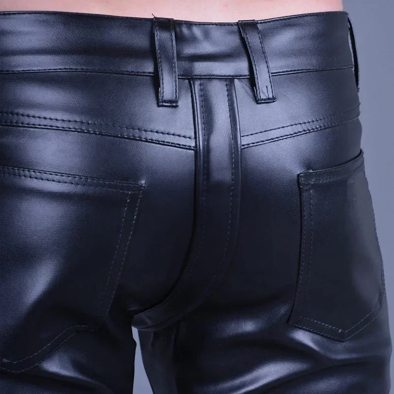 Men's Sexy Exotic Open Crotch Matte Leather Pants with Pocket Male Stretch PU Slim Trousers Motorcycle Pants Custom Clubwear New