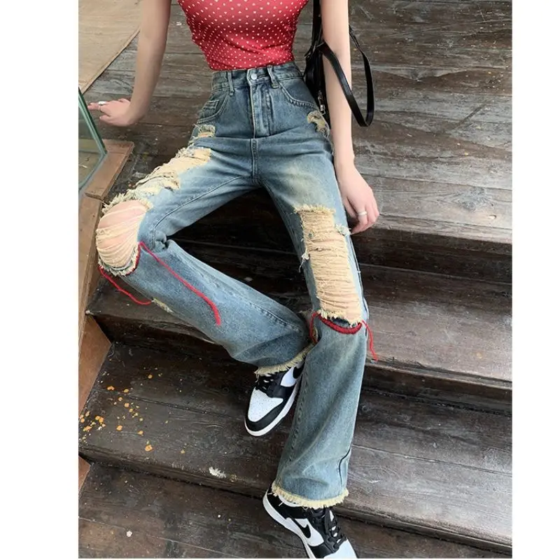 2023 New American Retro Perforated Wide Leg Jeans Women\'s Summer New High Waist Old Street Straight Tube Floor Towers Trend