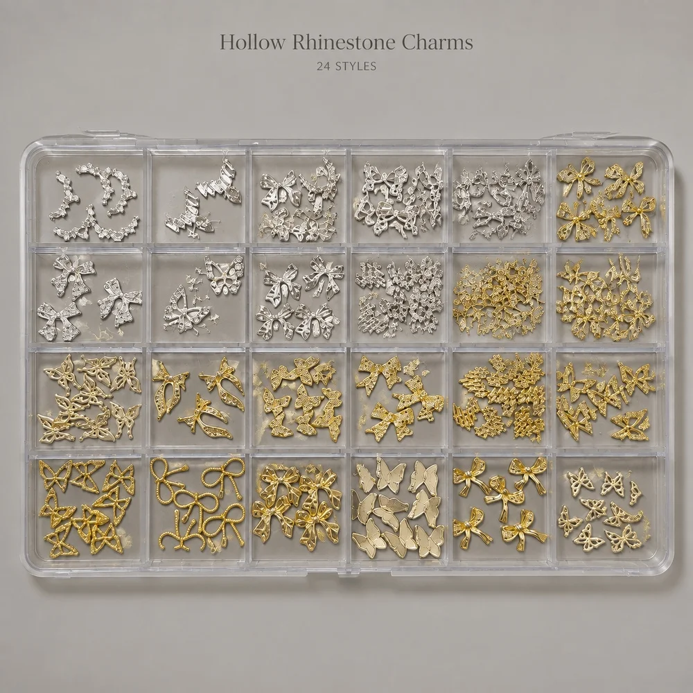 24 Grids Box Gold Silver Alloy Mixed Nail Charms Hollow Bow Butterfly Bowknot Stereoscopic Decor For Personal Nail Art Creation