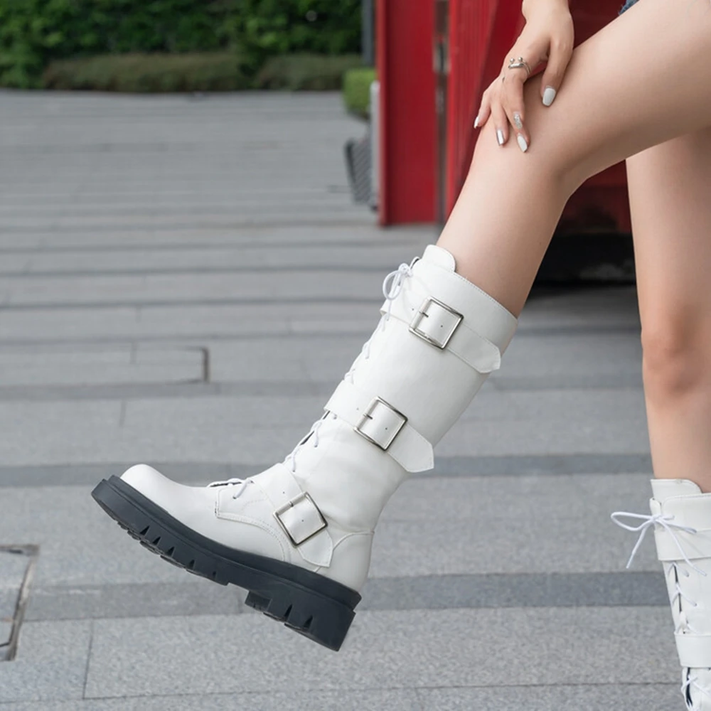 Punk Metal Decor Belt Buckle Mid-calf Gothic Long Boots Women Round Toe Lace Up Knight Boots Winter Outdoor Platform Shoes  18-3