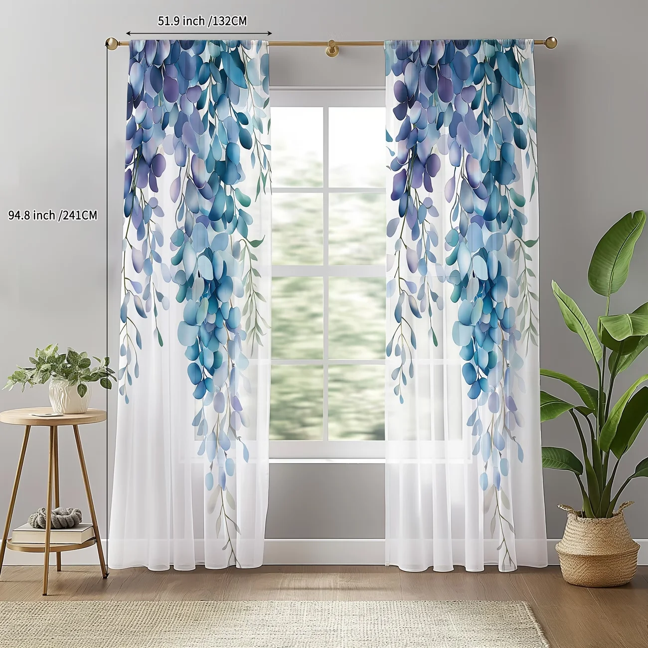 2 Stück Indigoblaue Glyzinien-Gardinen - Romantischer Aquarell-Blumenranken-Druck Fenstervorhänge für Schlafzimmer Wohnzimmer Dekoration