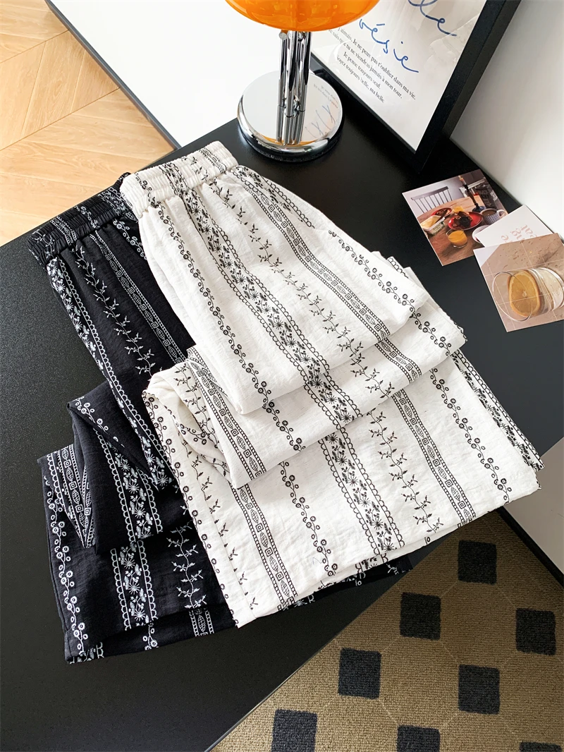 

2025 новые модные широкие брюки из льняного хлопка в цветочную полоску для женщин, свободные повседневные брюки в пол с высокой талией