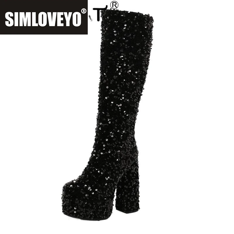 

SIMLOVEYO Party Knee High Boots Round Toe Chunky Heels 14cm Platform Hill Glitter Slip On 45 46 47 Club Bota