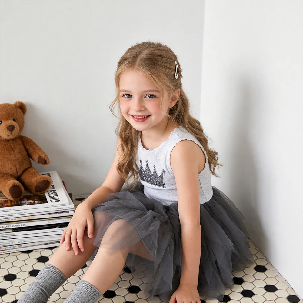 VIKITA Girls Elegant Gray Crown Print Embroidery Dress Kids Patchwork Princess Birthday Party Dance Layered Cake Tutu Dresses
