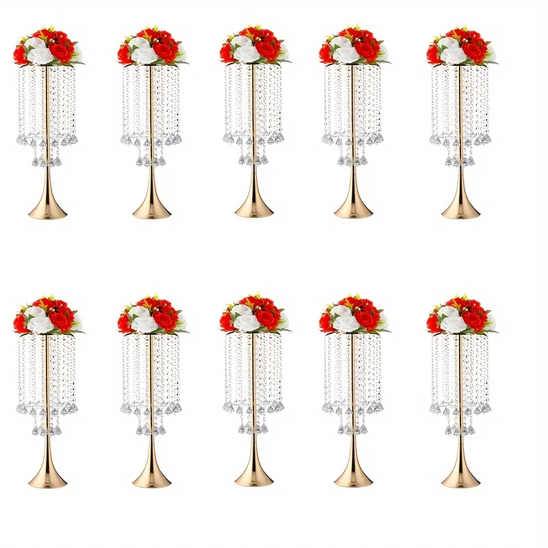 Set Of 10pcs Crystal Flower Stand Gold Centerpieces Tall Metal Flower Arrangement Vase For Wedding Party Dinner Event Hotel Home