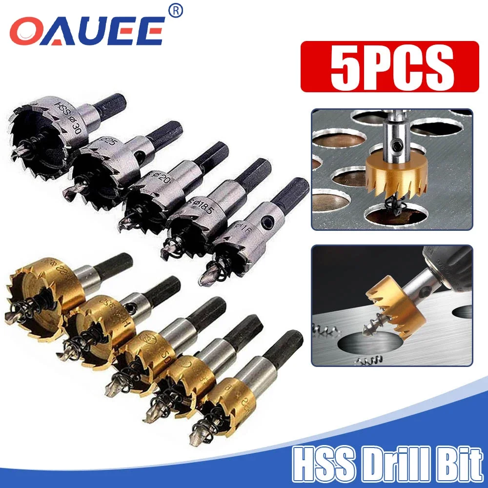 Oauee 5Pcs Carbide Tip HSS Drill Bit Hole Saw Set Stainless Steel Metal Alloy Woodworking Drilling Hole Cutting Tools 16/25/30