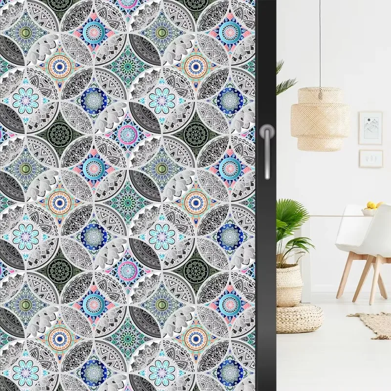 Pegatina de vidrio estático  flor de Mandala Retro de color PVC, película  ventana no adhesiva, elimina el corte  ventana