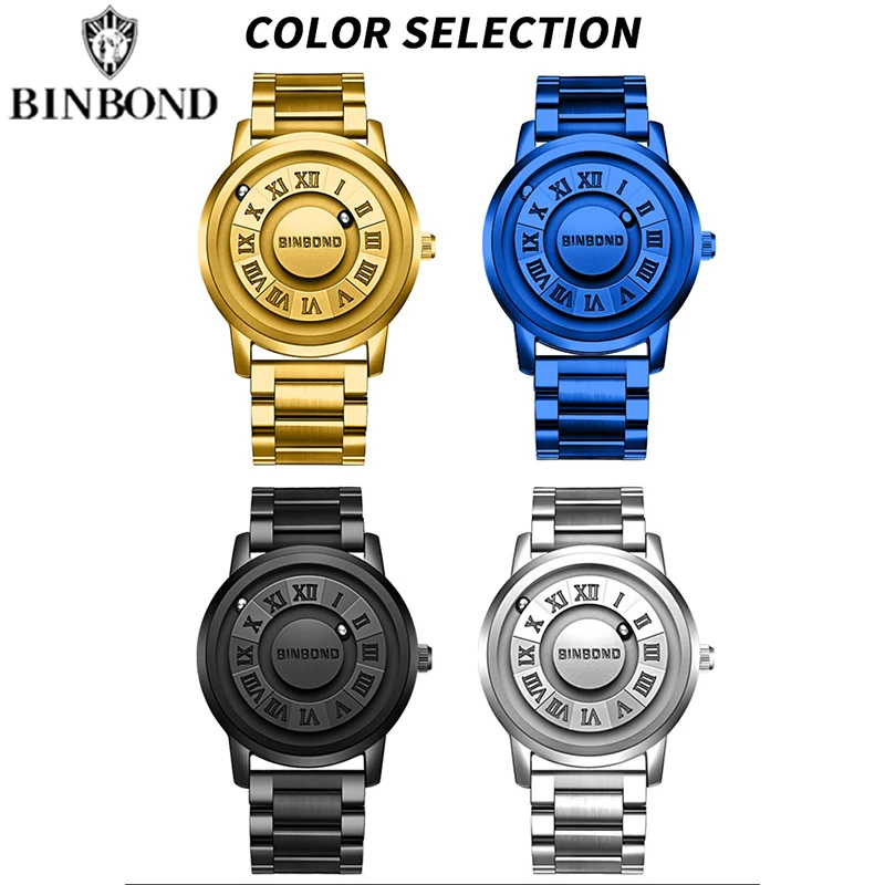 BINBOND New Concept Originality Men Quartz Watches Cool Magnetic Beads Hollow Out Waterproof Fashion Leather Casual Men Watches