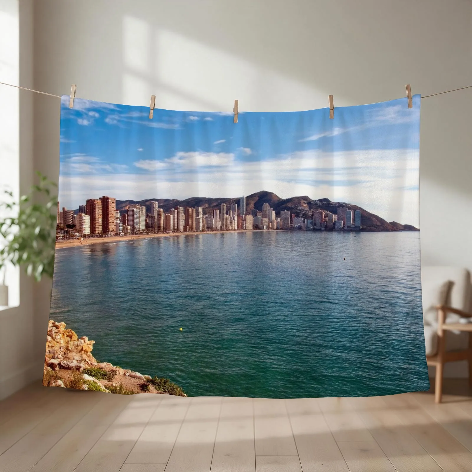New Benidorm Levante Beach Mediterranean Coast Spain Throw Blanket couch cozy soft plush fuzzy picnic outdoor blanket