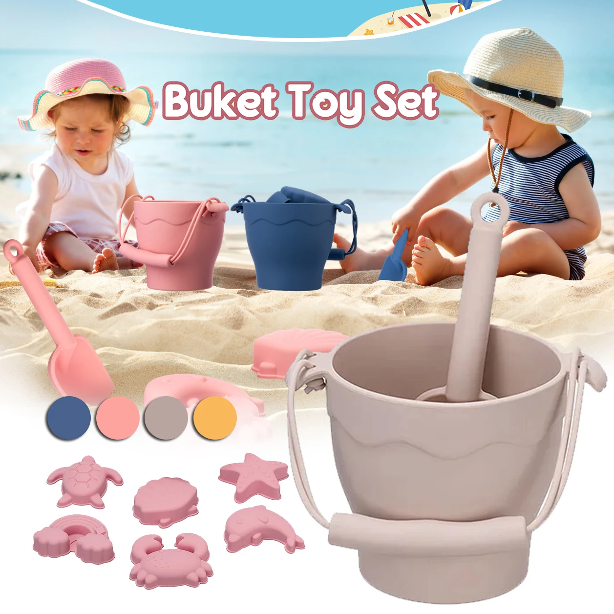 8pcs Beach Toys BPA Free Food-Grade Silicone Fun Summer Outdoor Toys For Kids With Bucket 4 Color Sand Set