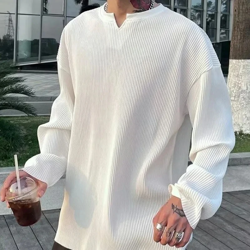 2024 Spring White V-Neck Pleated Stripe T-Shirt Men Large Size Silky Soft Long Sleeved T-Shirt Summer Loose Bottomed Shirt