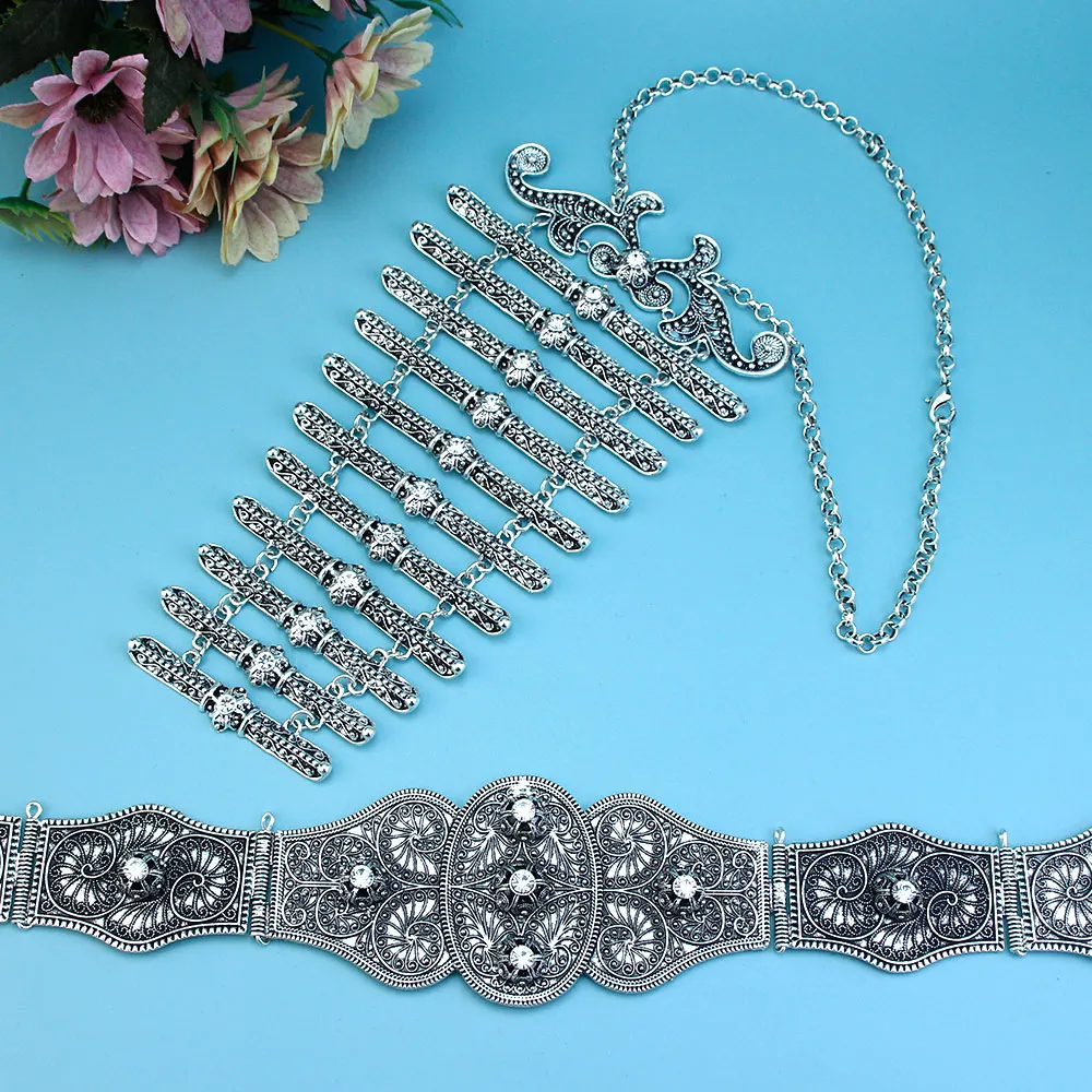 Vintage Turkish Caucasus Women Belt Breastplate Jewelry Sets Лезгинки Retro Gold Silver Color Crystal Bride Wedding Bijoux