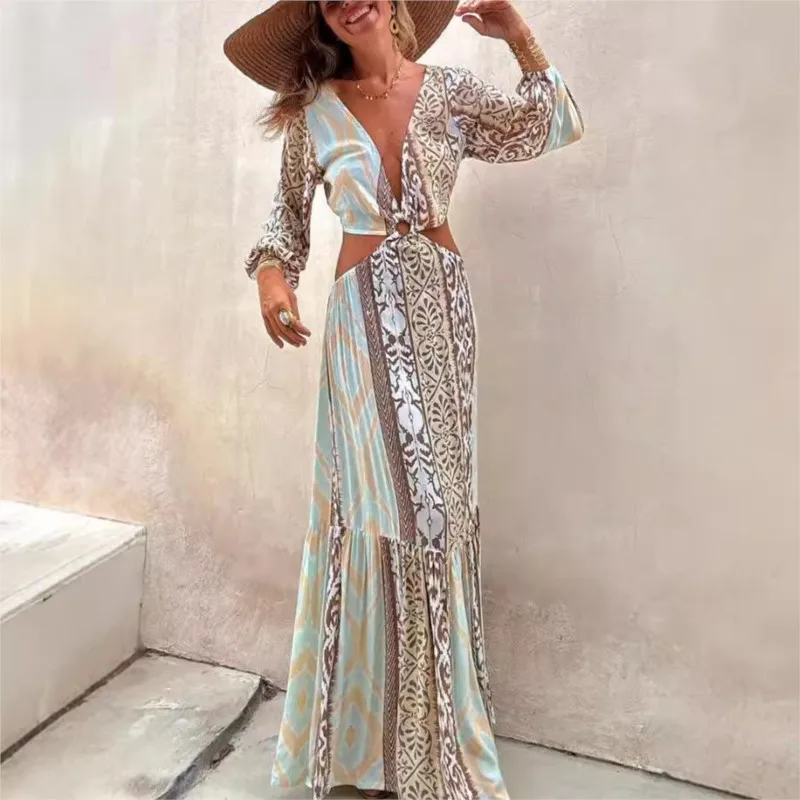 

Fashion Boho Print Dress Lady Sexy Deep V-Neck Backless Long Sleeve Dresses For Women Casual Holiday Party Womens Clothing New