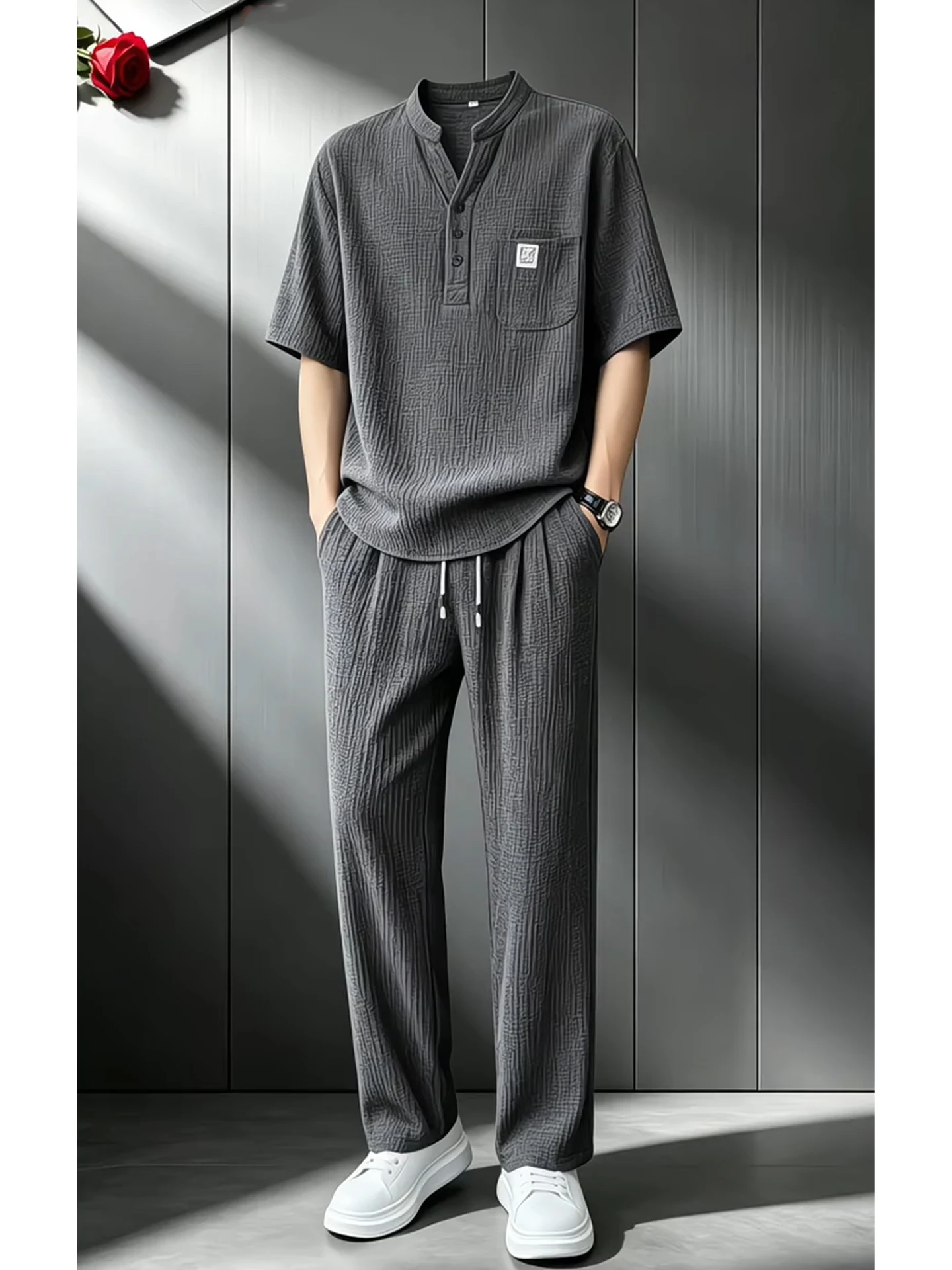 

Men's Summer Ice Sensation Short Sleeve Stand Collar T-Shirt Set Casual Sportswear Long Pants High-End National Style