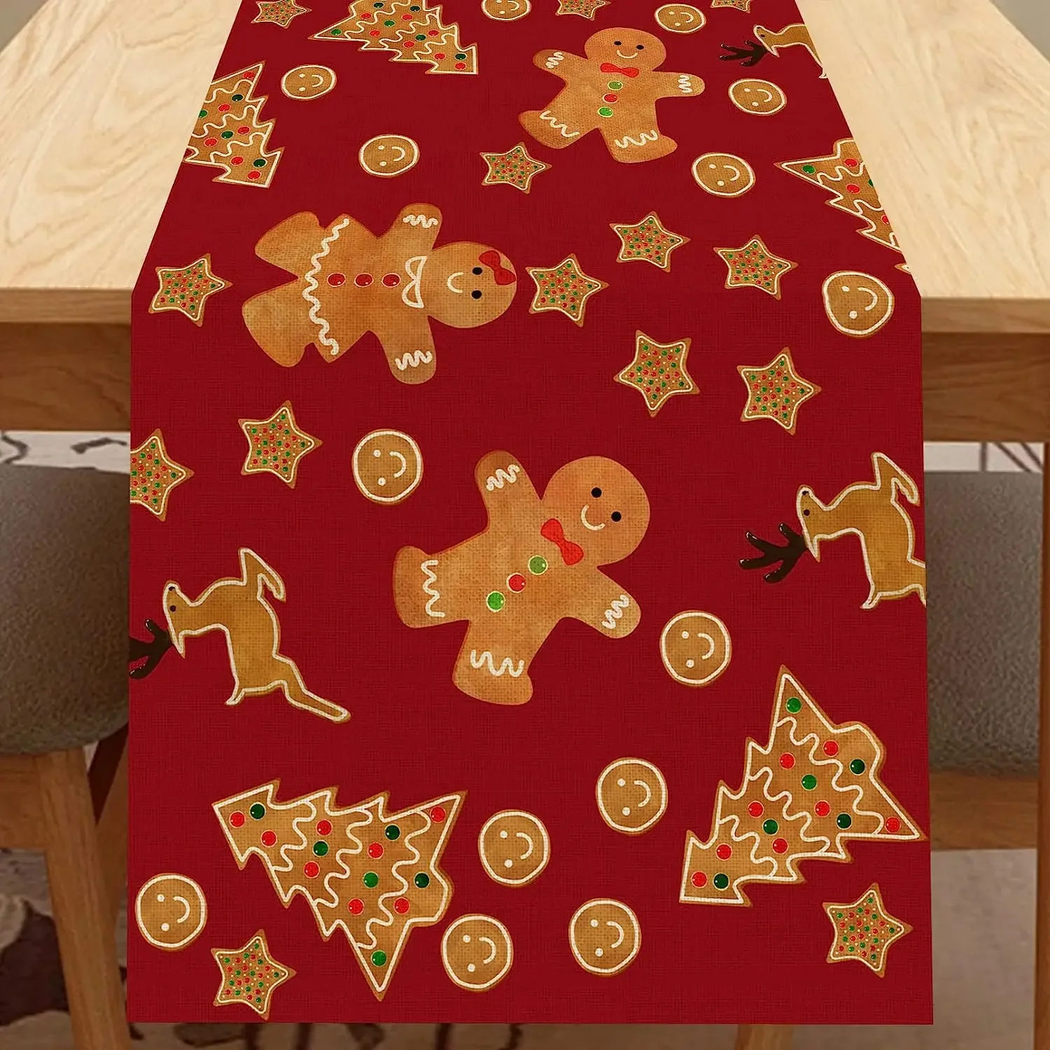 Christmas Tree Gingerbread Christmas Candy Cane Printed Table Runner, Kitchen Table Rectangle Table Runner, Home Party Washable