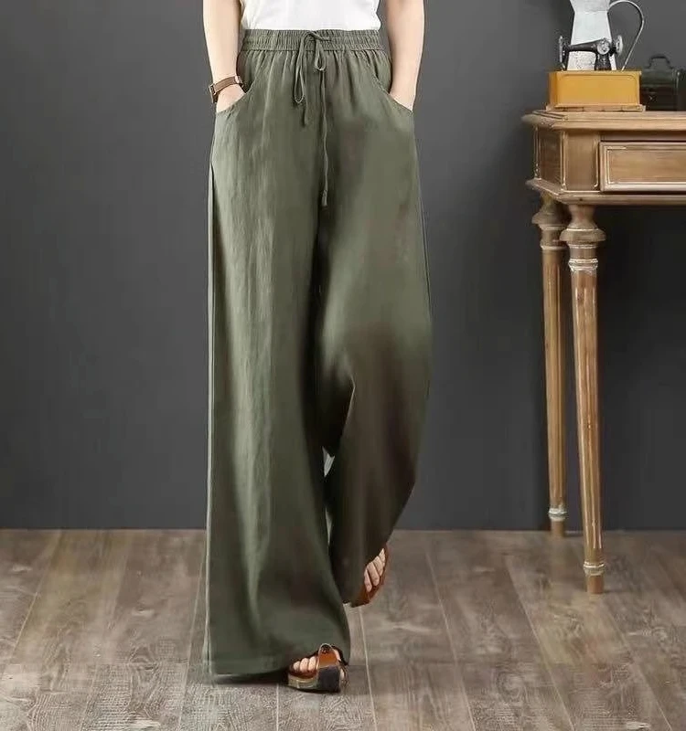 Pantaloni da donna larghi in lino di cotone a gamba larga a vita alta Pantaloni lunghi casual con cintura Coreano Sle Pendolarismo Vento Estate Modello sottile