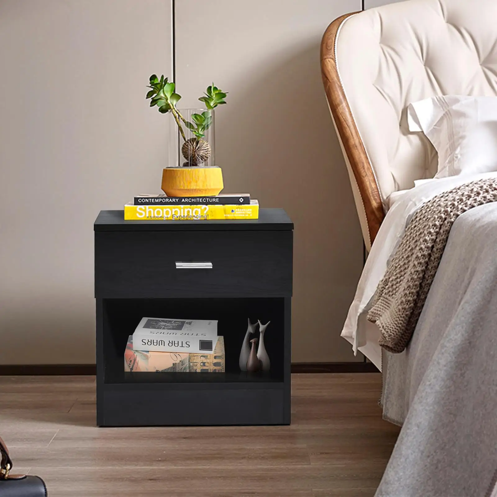 Black Metal Handle Bedside Cabinet with 1 Drawer - Stylish Night Stand for Bedroom Decor