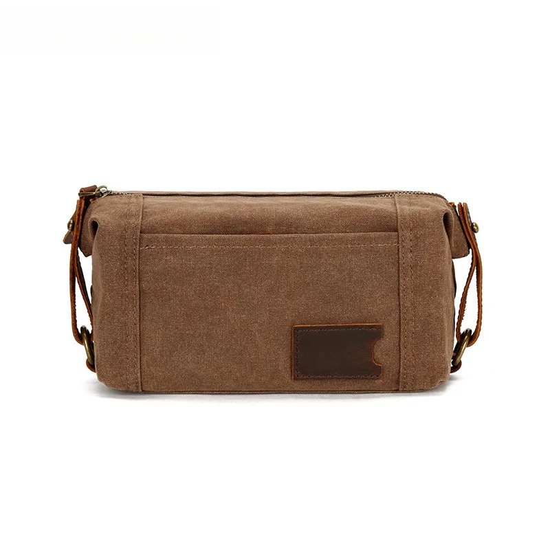 Men's Travel Clutch Bag Oil Wax Canvas Wash Bag Retro Clutch Bag First Layer Cowhide Wrist Bag