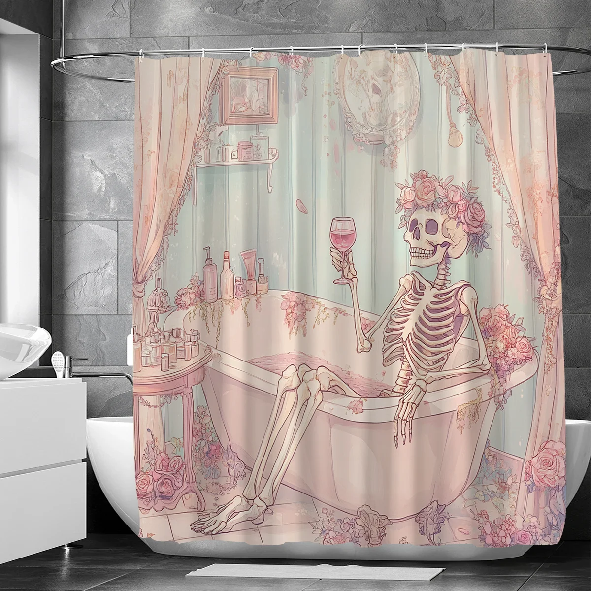 

1 шт., занавеска для душа с розовым черепом и цифровым принтом на День святого Валентина, можно стирать в машине, тканая, занавеска с декоративным узором для ванной комнаты