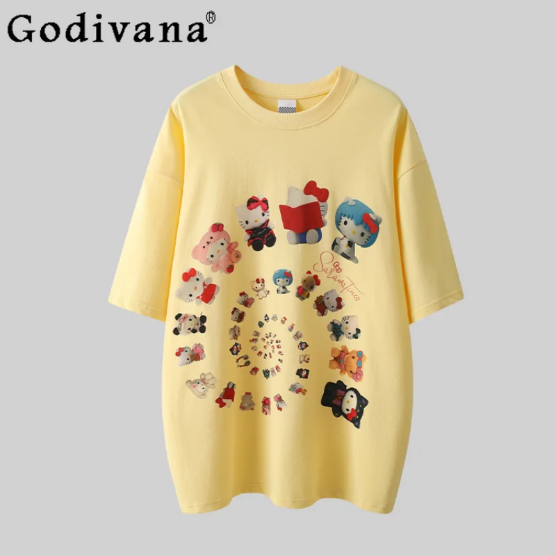 

2024 College Cartoon Print Short Sleeve Tops Summer New Korean Fashion Loose Slim Student Casual T-Shirts Women Y2k Clothes